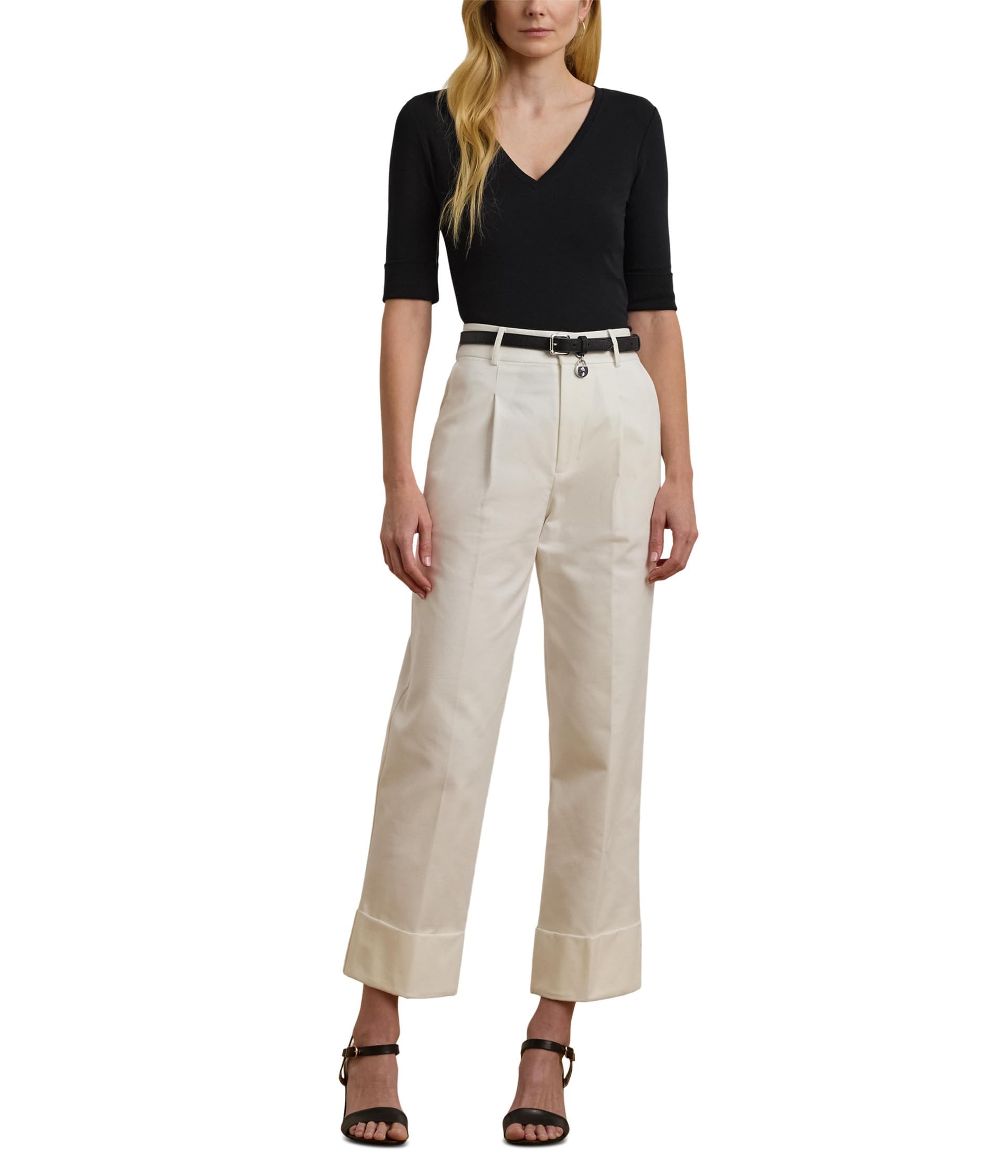 Lauren Ralph Lauren Women's Stretch Cotton Elbow-Sleeve V-Neck Tee, Black, Medium