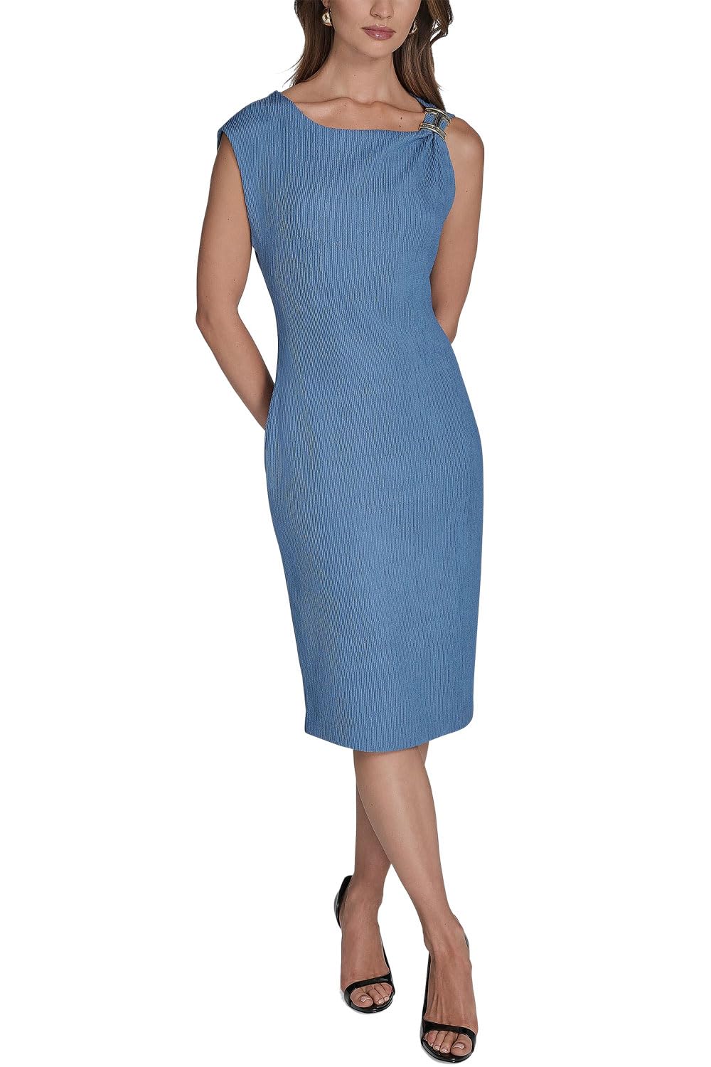 HALSTON H Women's Sleeveless Boat Neck Textured Knit Dress, Sky 12