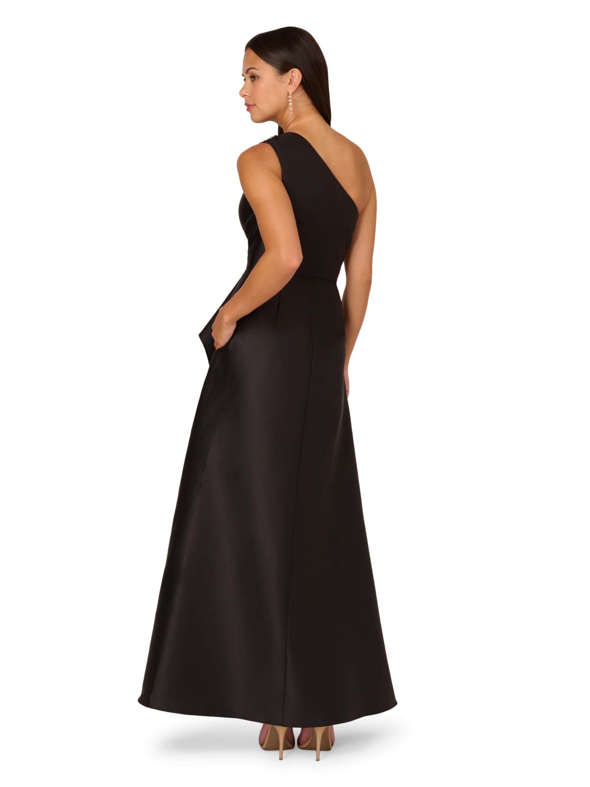 Adrianna Papell Women's One Shoulder Mikado Gown | Floor Length Black Tie Gown with Fitted Bodice & Draped Detailing 6 Black