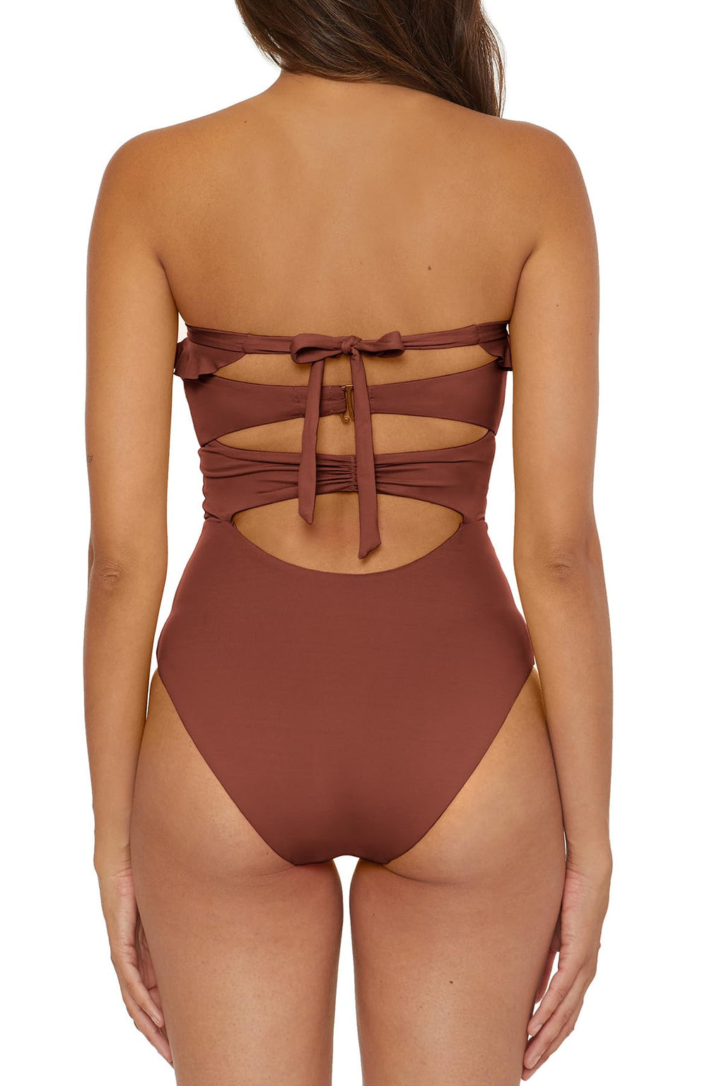 Soluna Swim Buckle Up - Women's One Piece Bandeau Swimsuit with Cut Out Neckline, Gold Rings and Removable Cups, Bathing Suits for Women, Coconut