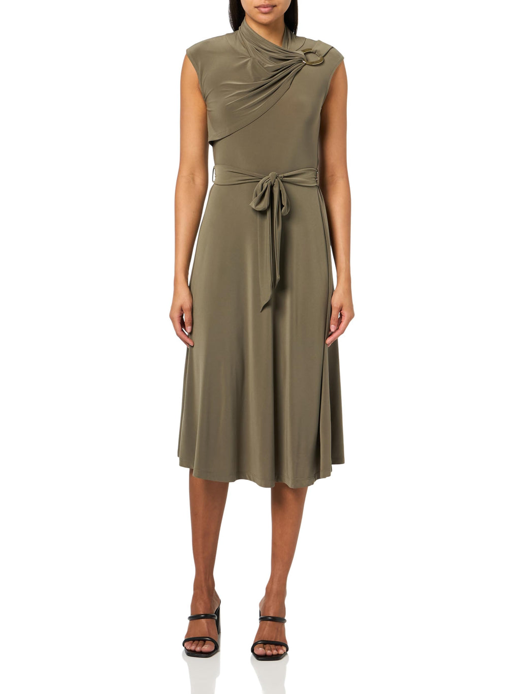 HALSTON H Women's Sleeveless Draped Neck Oval Hardware Dress, Sage