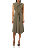 HALSTON H Women's Sleeveless Draped Neck Oval Hardware Dress, Sage