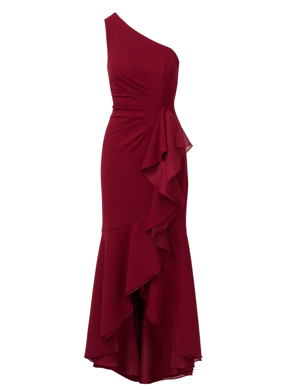 Adrianna Papell Women's Crepe One Shoulder Ruffle Gown, Crimson Haze, 10