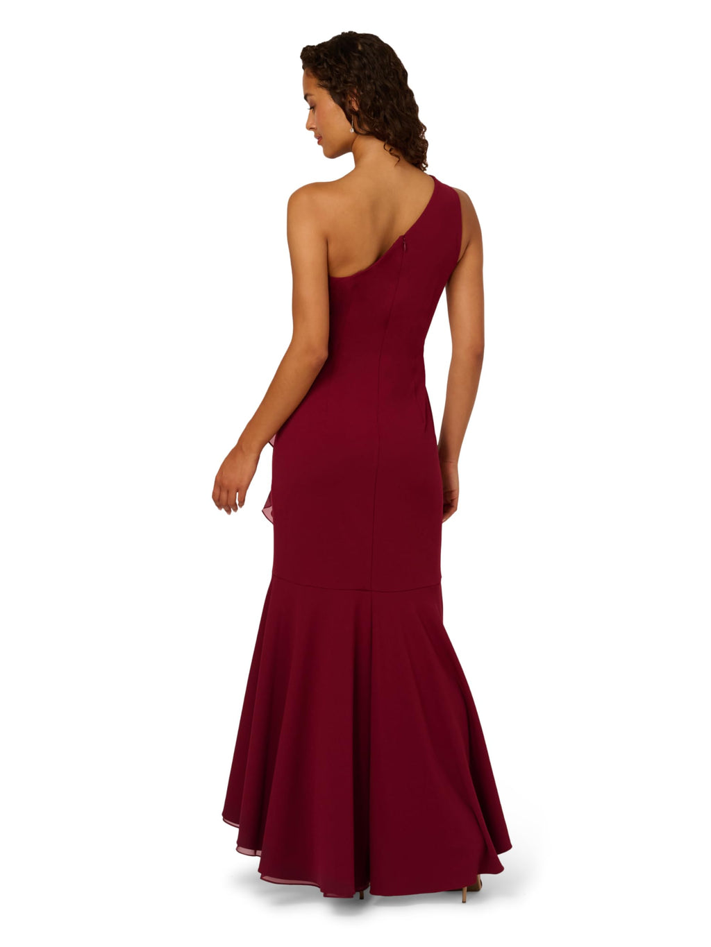 Adrianna Papell Women's Crepe One Shoulder Ruffle Gown, Crimson Haze, 10