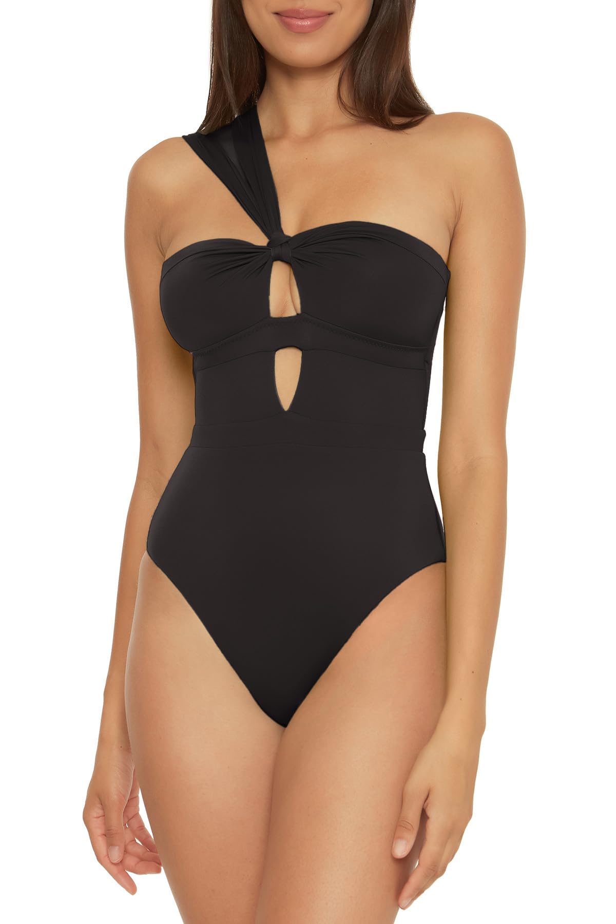 BECCA by Rebecca Virtue Color Code - Women's Convertible Bandeau One Piece Swimsuit, Asymmetrical Straps, Bathing Suits for Women, Black, Medium