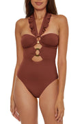 Soluna Swim Buckle Up - Women's One Piece Bandeau Swimsuit with Cut Out Neckline, Gold Rings and Removable Cups, Bathing Suits for Women, Coconut