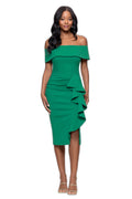 Betsy & Adam Women's Midi-Length, Off-the-Shoulder, Ruffled Detail, with Fitted Silhouette, Green, 12P