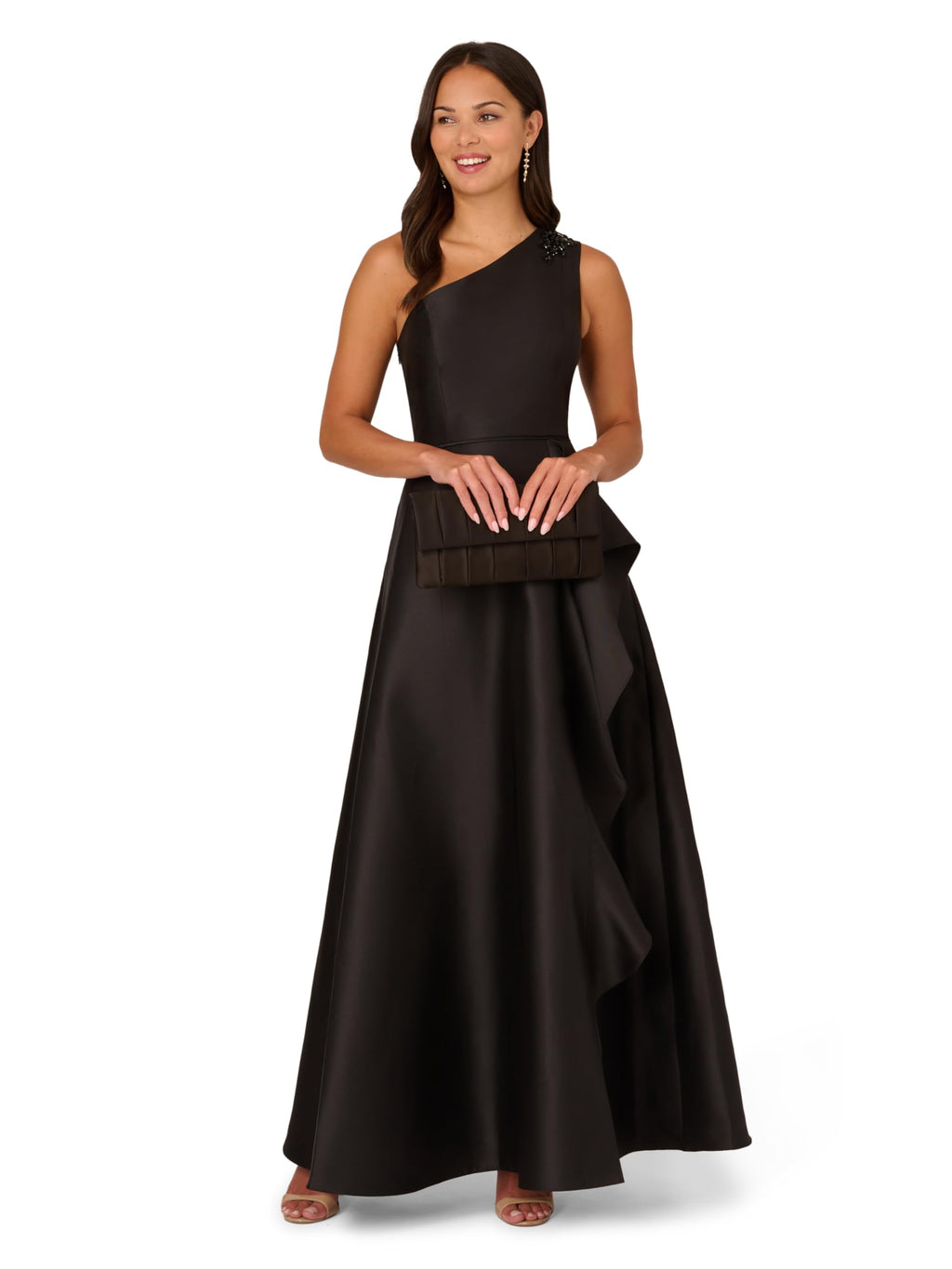 Adrianna Papell Women's One Shoulder Mikado Gown | Floor Length Black Tie Gown with Fitted Bodice & Draped Detailing 6 Black