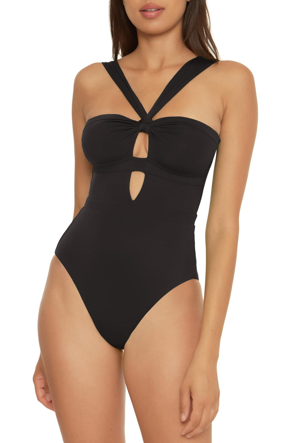 BECCA by Rebecca Virtue Color Code - Women's Convertible Bandeau One Piece Swimsuit, Asymmetrical Straps, Bathing Suits for Women, Black, Medium
