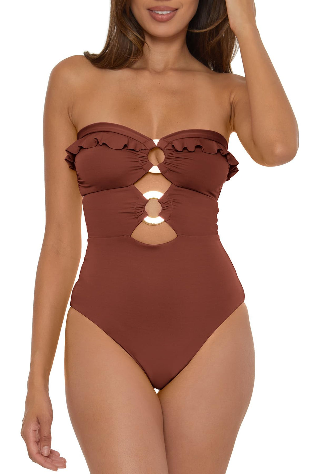 Soluna Swim Buckle Up - Women's One Piece Bandeau Swimsuit with Cut Out Neckline, Gold Rings and Removable Cups, Bathing Suits for Women, Coconut