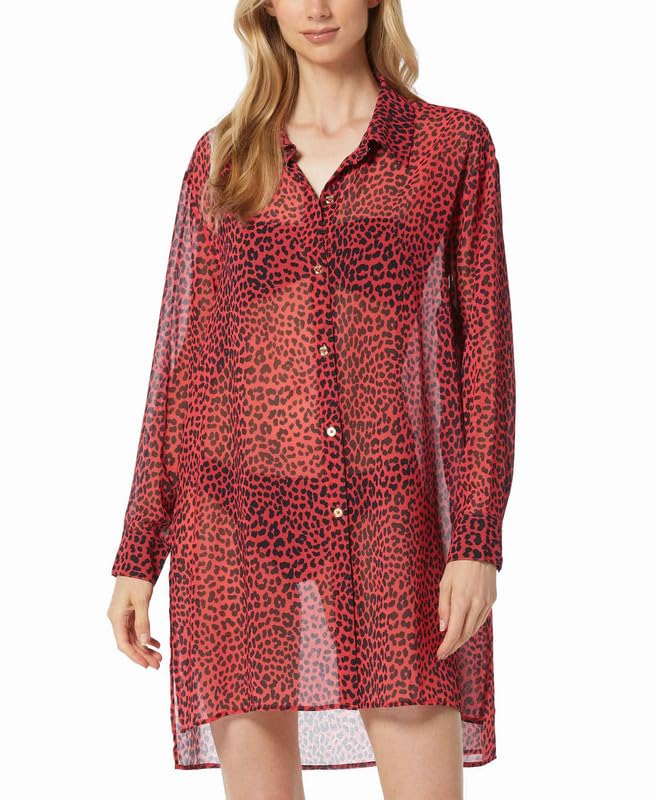Michael Kors Women's Animal-Print Sheer Cover-Up Shirt (Sea Coral, Large)