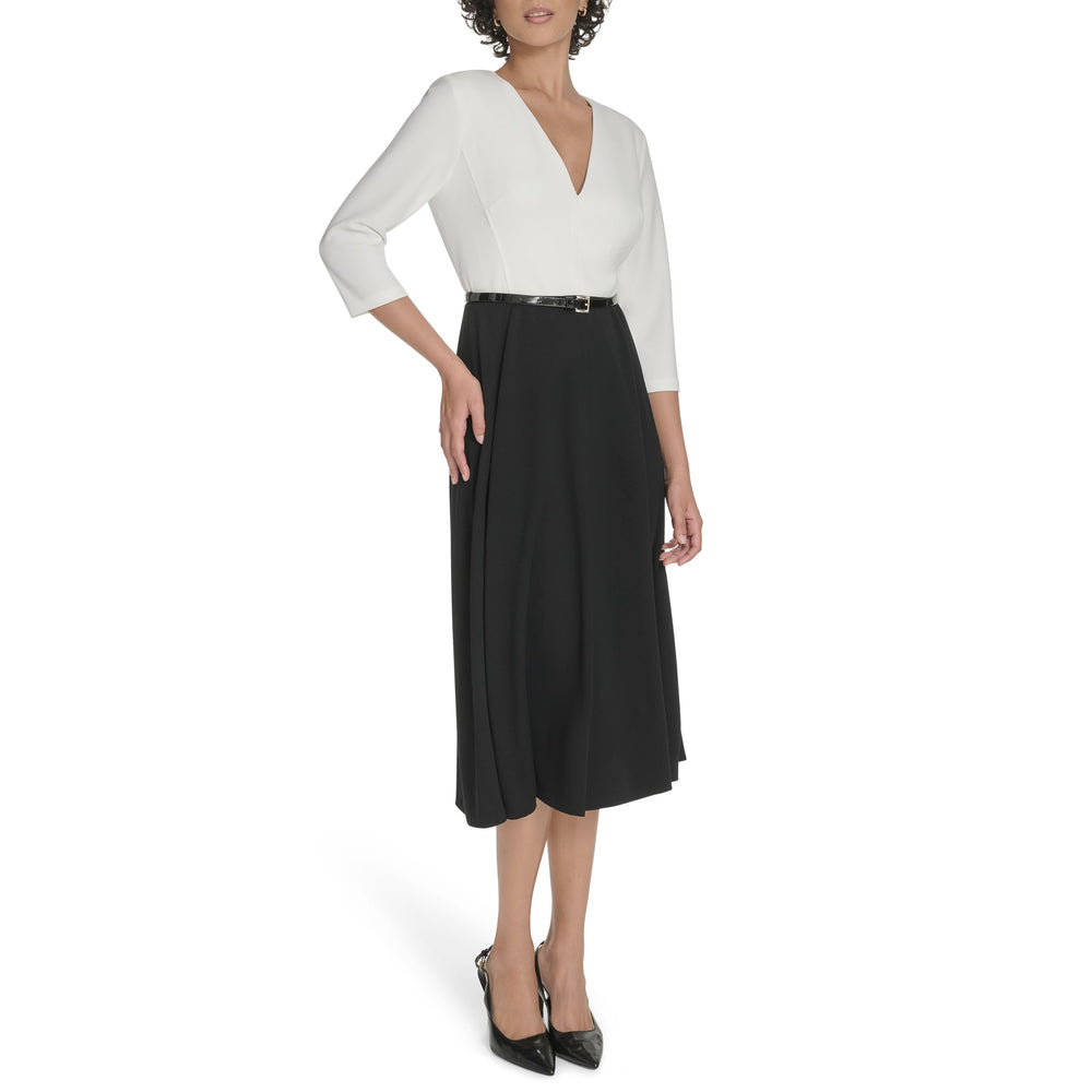 Tommy Hilfiger Women's Long Sleeves V Neck Color Block Midi Dress, Black/Ivory, 2