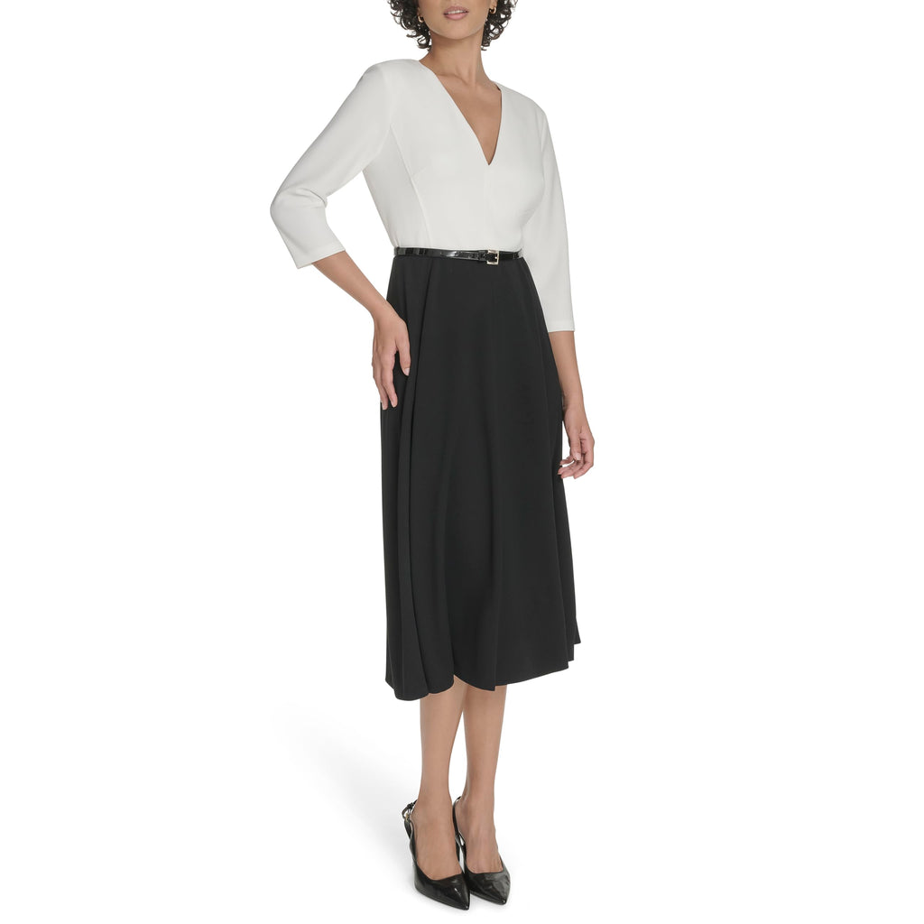 Tommy Hilfiger Women's Long Sleeves V Neck Color Block Midi Dress, Black/Ivory, 2
