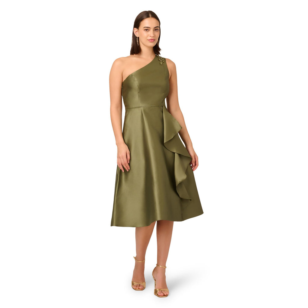 Adrianna Papell Women's One Shoulder Mikado Midi Dress, Jungle Olive