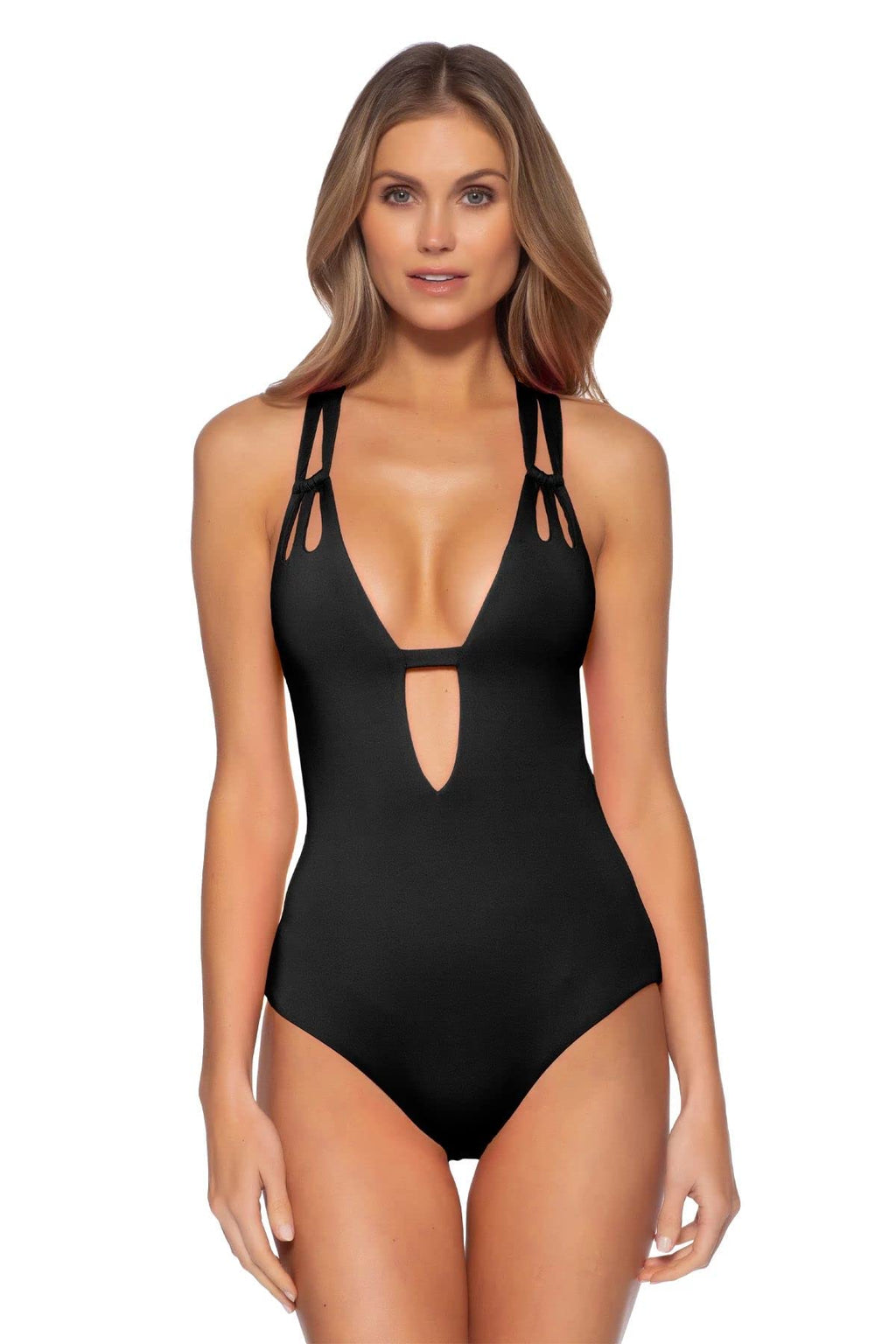 Becca by Rebecca Virtue Color Code Skylar Loop Plunge One-Piece Black SM