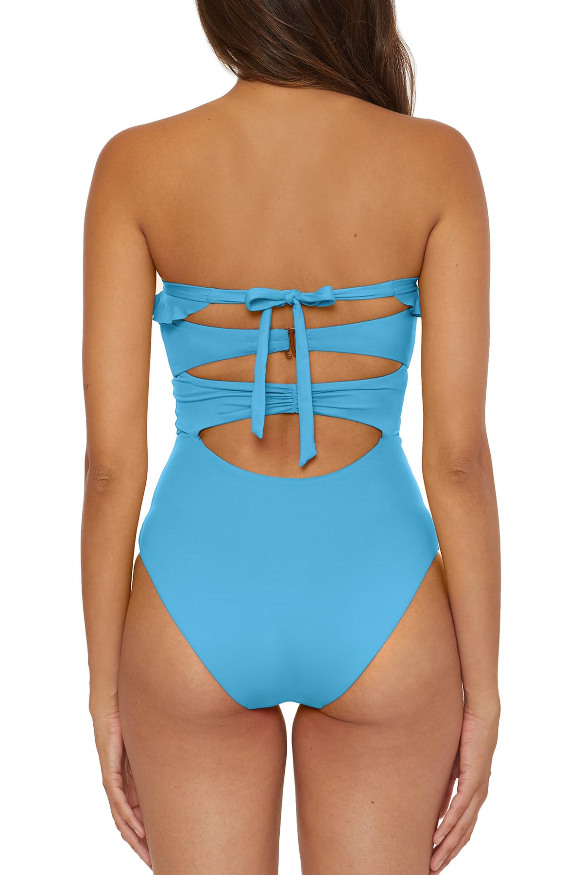 Soluna Swim Buckle Up - Women's One Piece Bandeau Swimsuit with Cut Out Neckline, Gold Rings and Removable Cups, Bathing Suits for Women, Crystal Seas, Medium