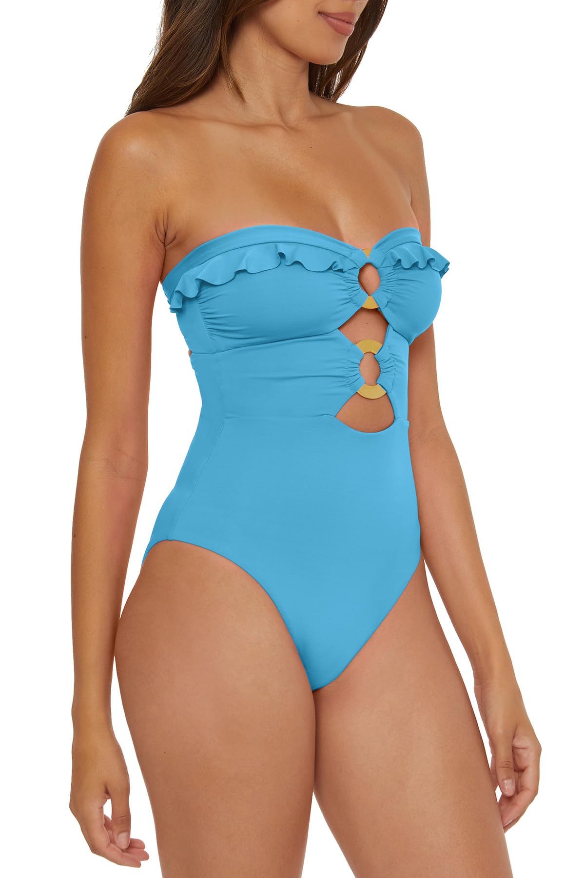 Soluna Swim Buckle Up - Women's One Piece Bandeau Swimsuit with Cut Out Neckline, Gold Rings and Removable Cups, Bathing Suits for Women, Crystal Seas, Medium