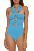 Soluna Swim Buckle Up - Women's One Piece Bandeau Swimsuit with Cut Out Neckline, Gold Rings and Removable Cups, Bathing Suits for Women, Crystal Seas, Medium