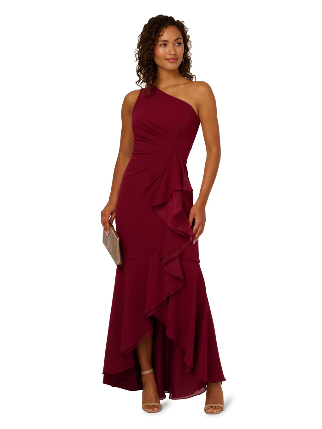 Adrianna Papell Women's Crepe One Shoulder Ruffle Gown, Crimson Haze, 10