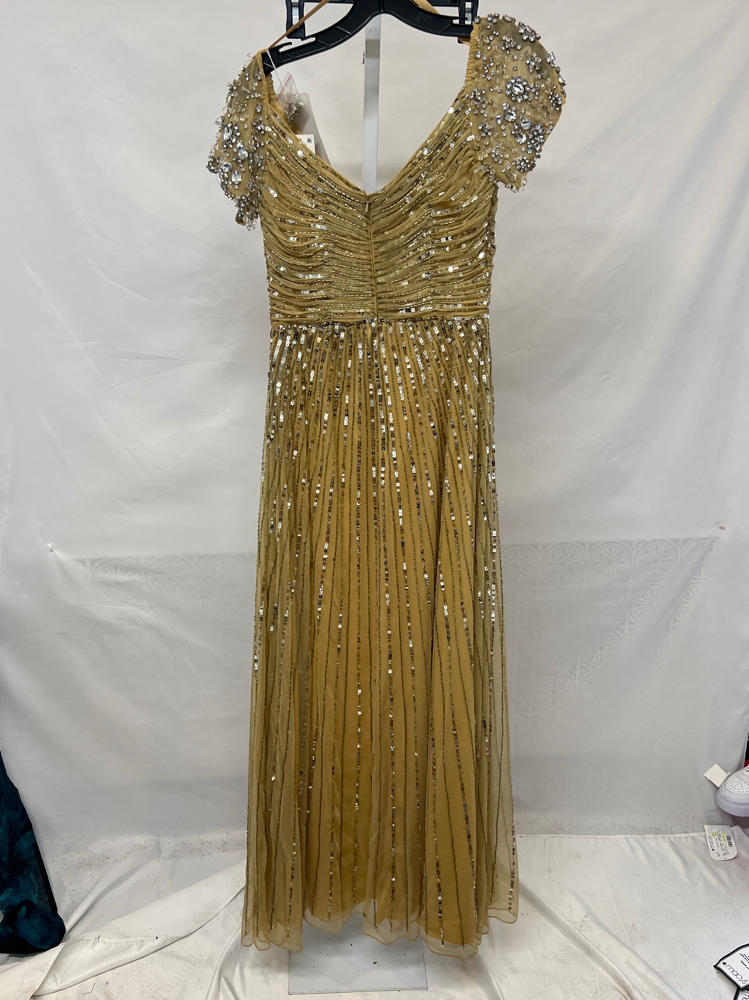 Mac Duggal Striped Sequin Mesh Gown With Beaded Shoulders gold