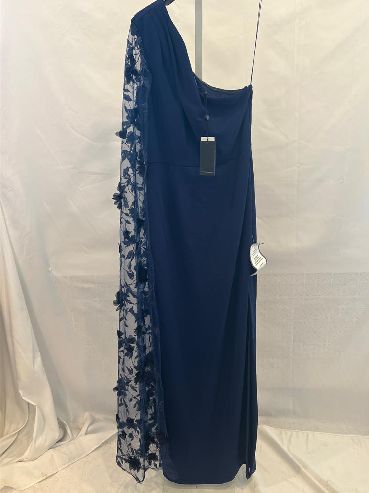 Navy Sateen One Shoulder Floral Cape Sleeve Dress by Adrianna Papell
