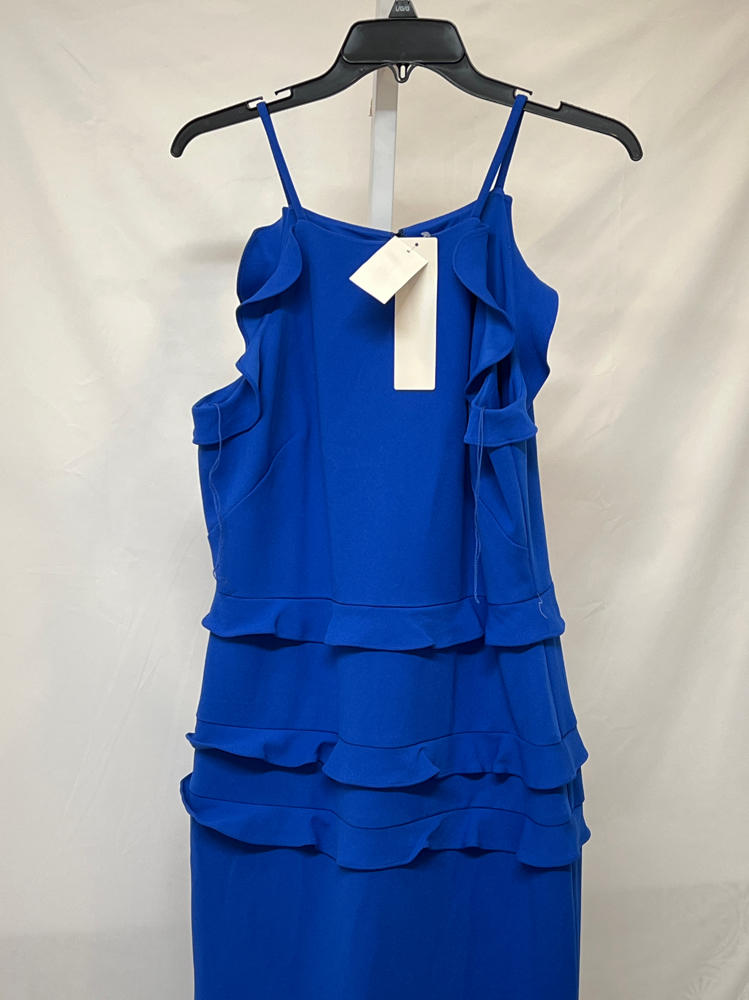Sleeveless Crepe Flounce Midi Dress In True Blue 12 (not to max retail the size is 12 and color is ture blue)