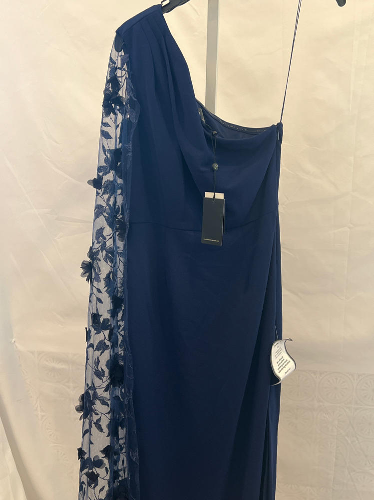 Navy Sateen One Shoulder Floral Cape Sleeve Dress by Adrianna Papell