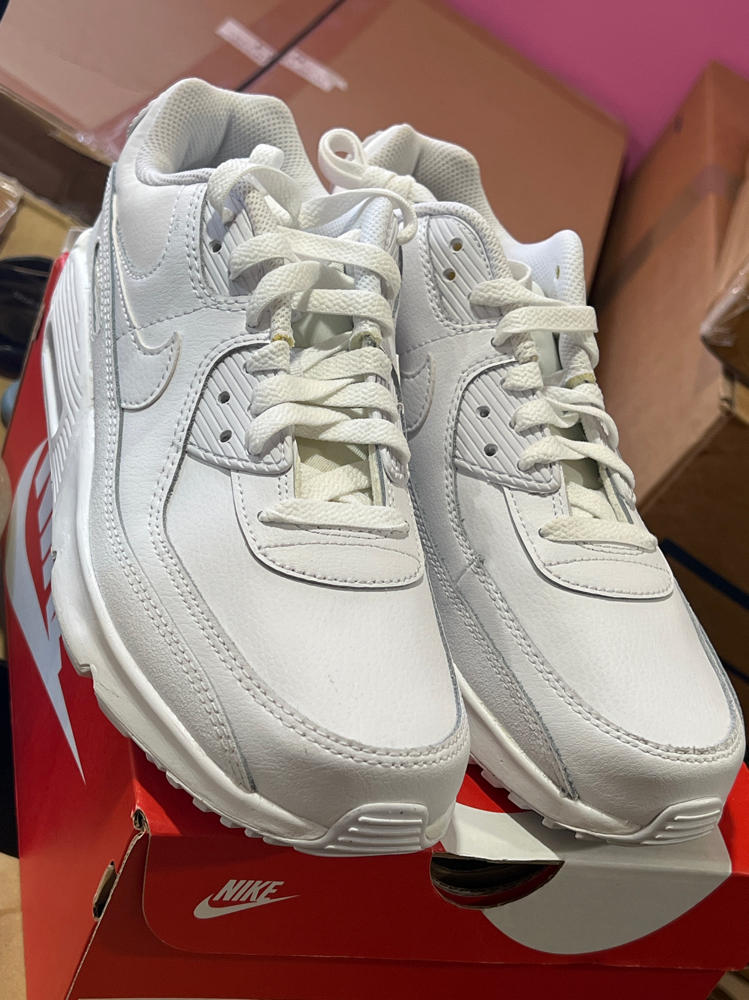 Nike Air Max 90 Big Kids' Shoes (HF6358-102, White/Metallic Silver/White/White) Size 7