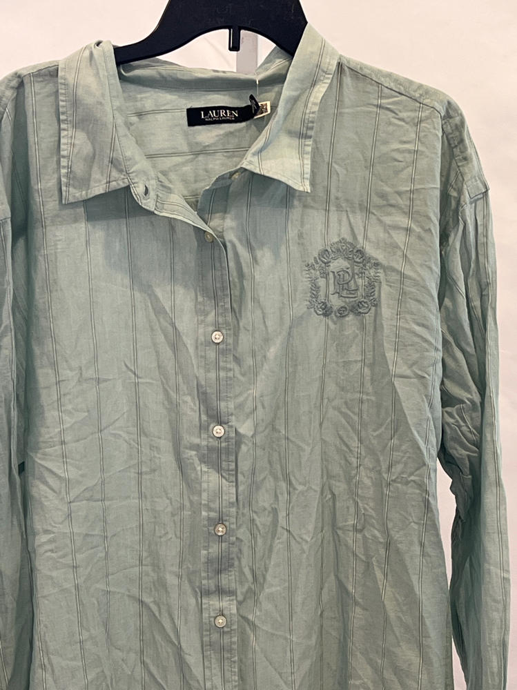 Lauren Ralph Lauren Women's Plus Size Oversize Striped Cotton Voile Shirt Washed Sage Multicolor 3X