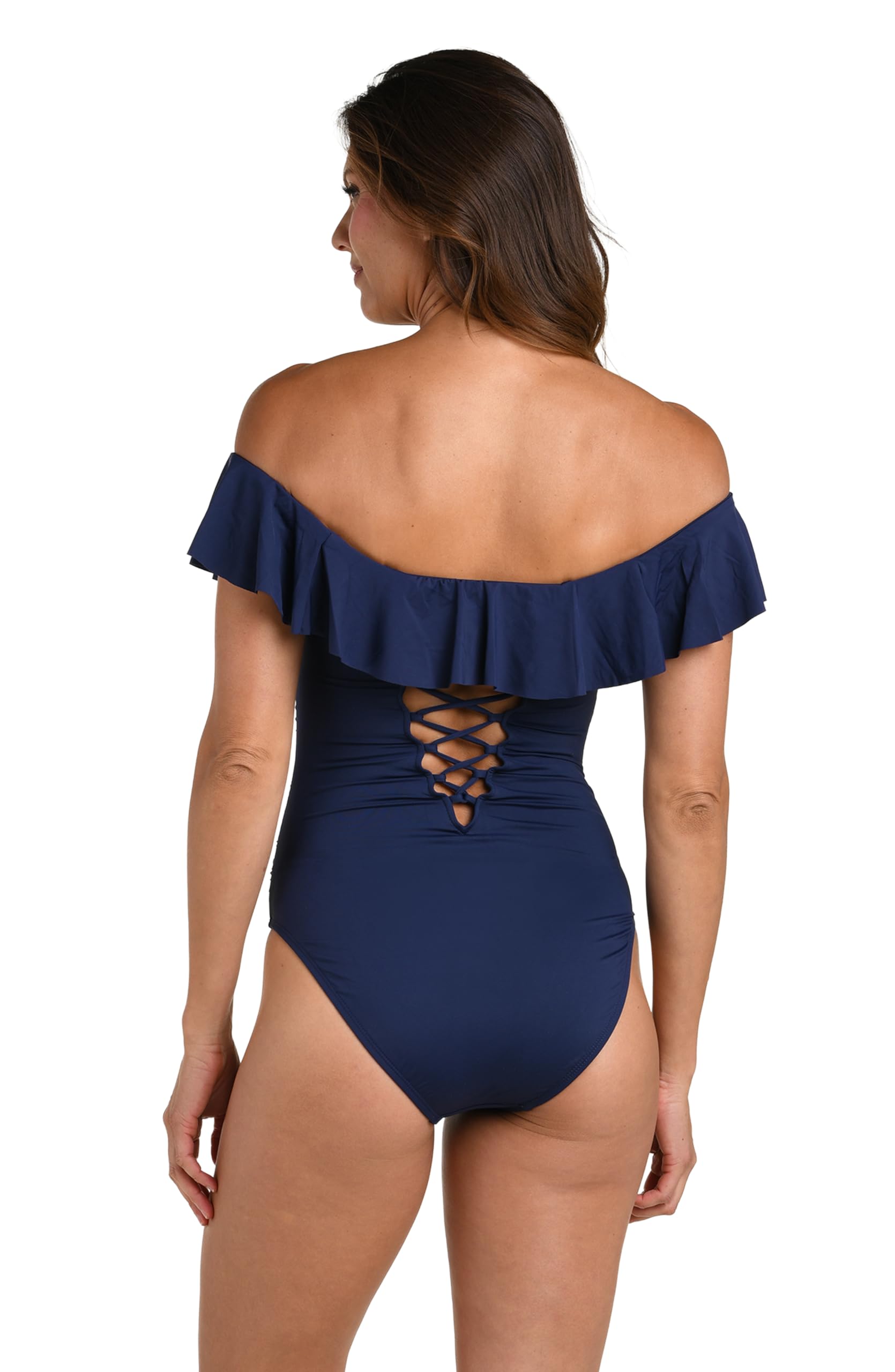 La Blanca Women's Island Goddess Off Shoulder Ruffle One Piece Swimsuit, Indigo, 10