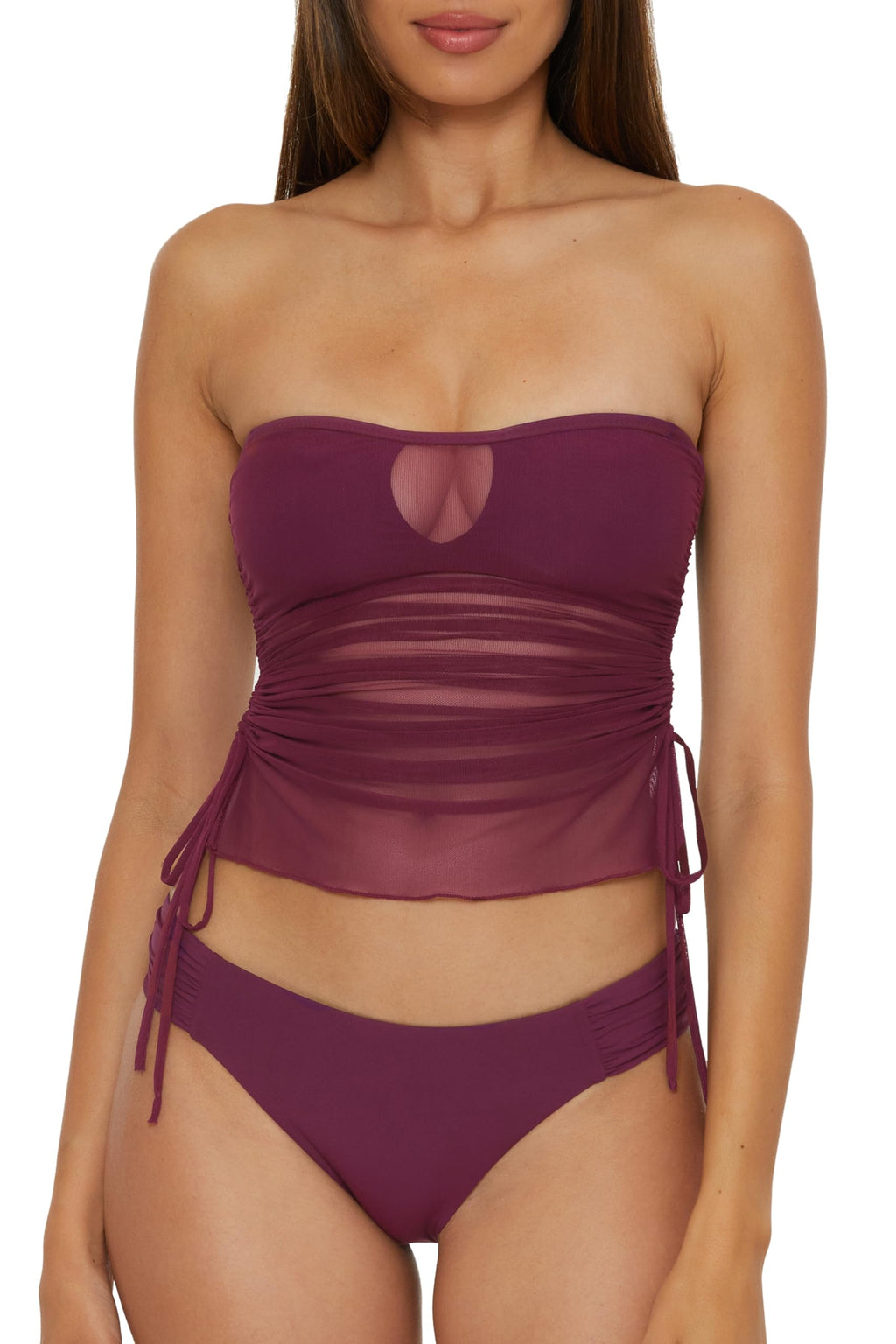 BECCA Muse - Women's Bandeau Tankini, Casual, Pull On, Sheer, Swimsuit Tops for Women, Aubergine, Medium