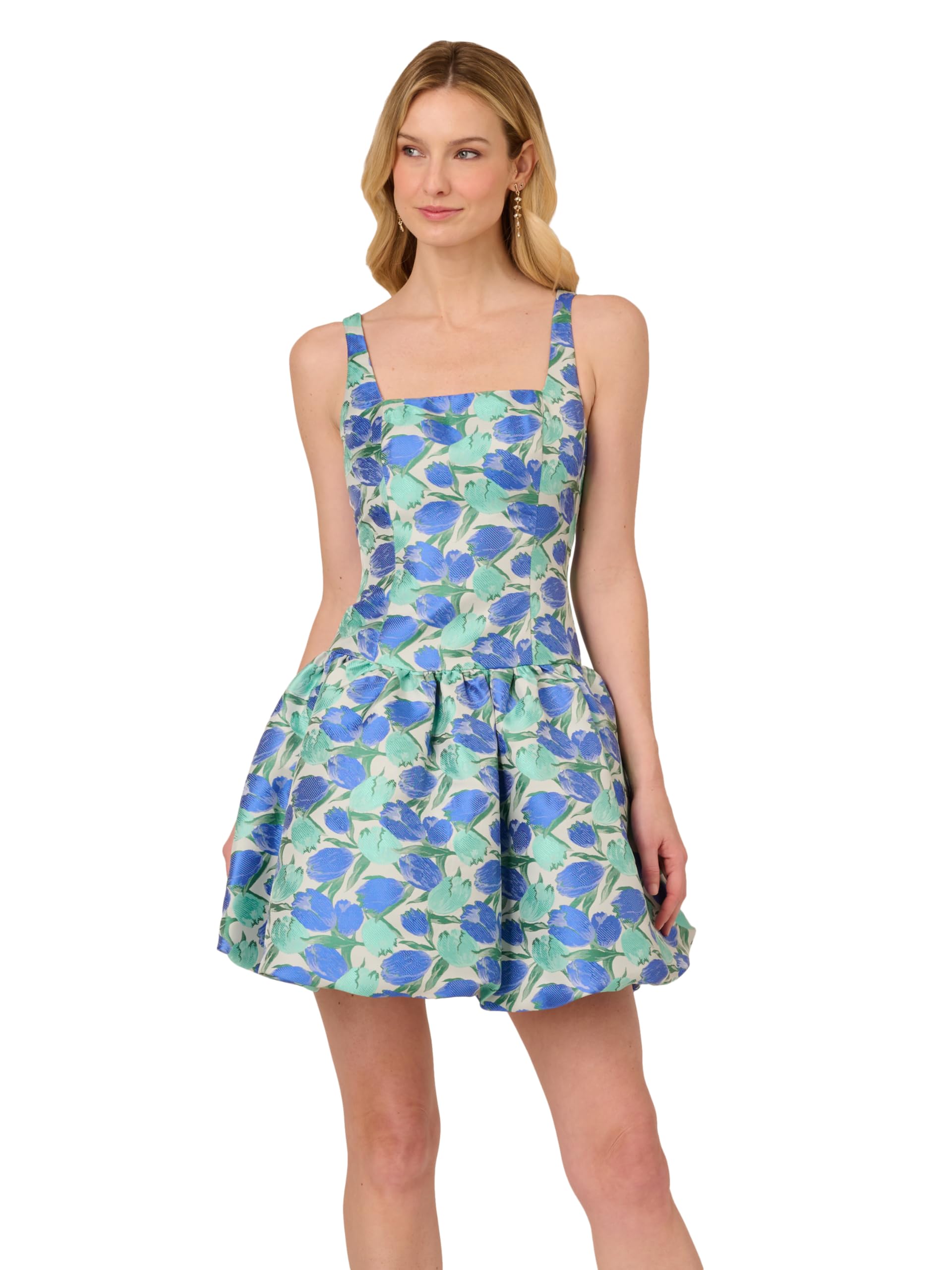 Adrianna Papell Women's Tulip Jacquard Short Dress, Blue/Green Multi