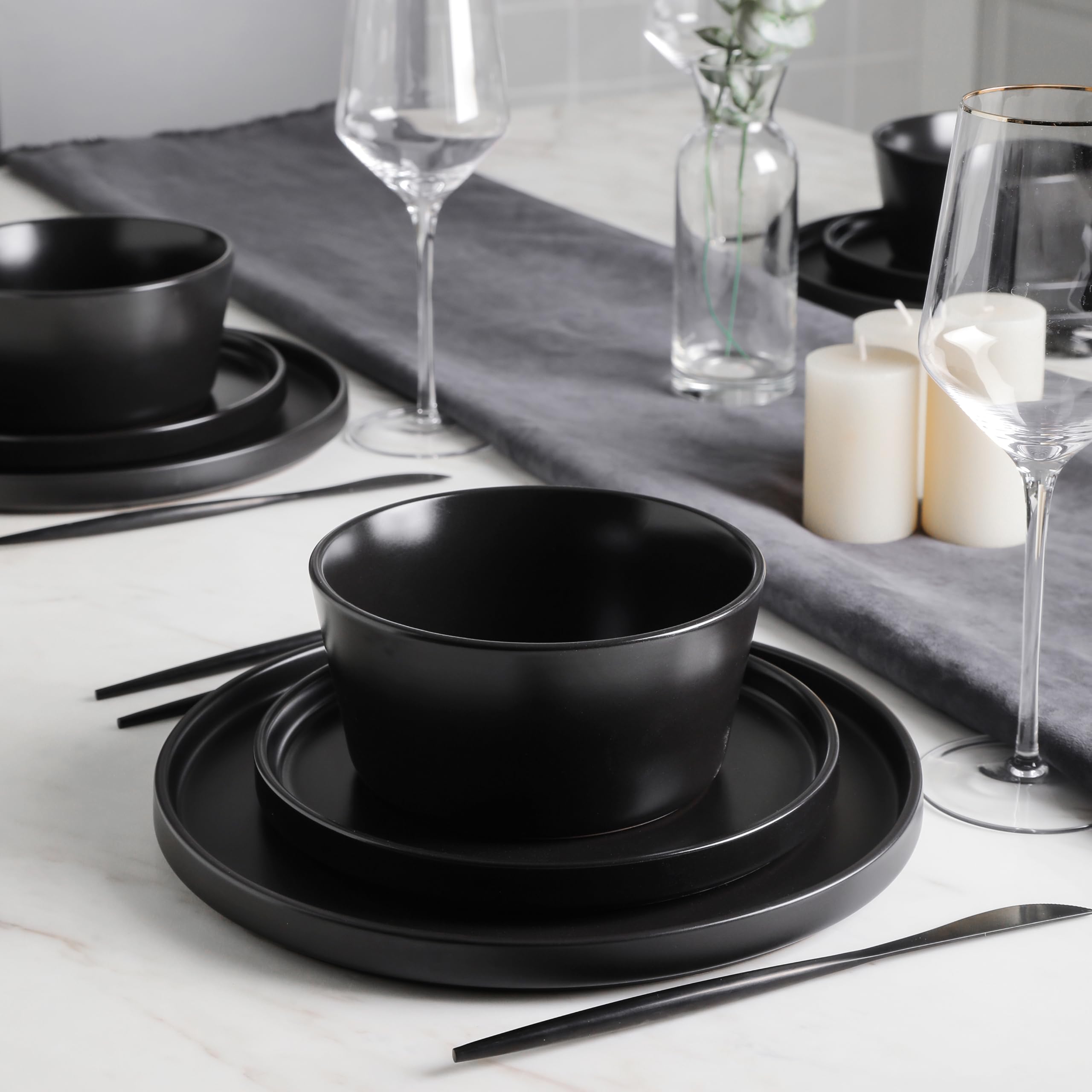 Stone Lain Celina Stoneware 16 Piece Modern Dinnerware Set, Plates and Bowls, Black Matte, Service for 4, Microwave & Dishwasher Safe