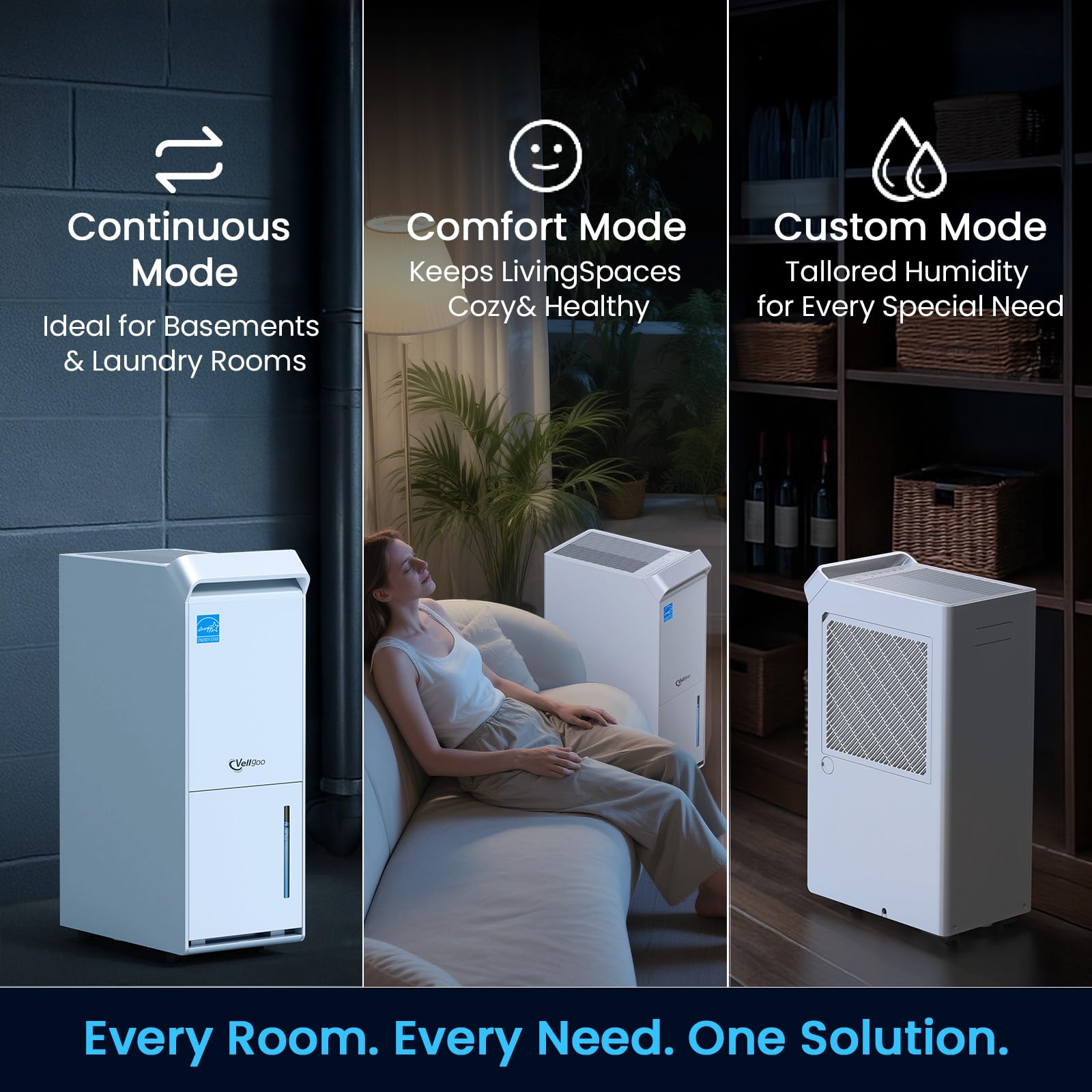4500 Sq.Ft Most Efficient Energy Star 2024 Dehumidifier,Vellgoo Max 52 Pint/D Dehumidifier for Basement with Drain Hose, Smart Humidity Control, for Home, Bathroom, Garage