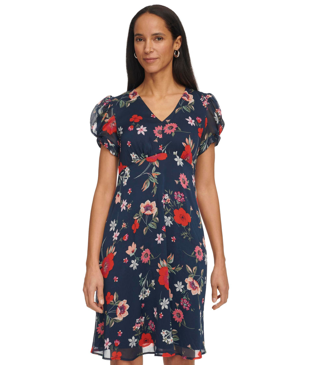 Calvin Klein Women's Dress Short Chiffon Dress with Puff Sleeve Indigo Multi 6