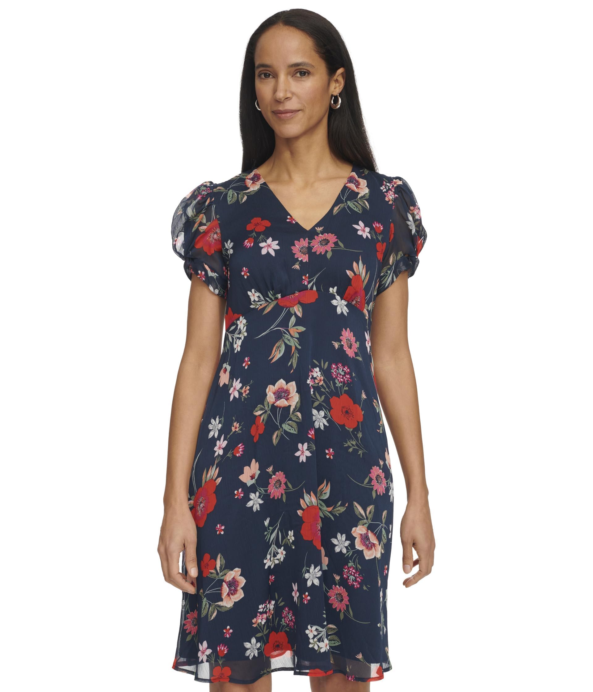 Calvin Klein Women's Dress Short Chiffon Dress with Puff Sleeve Indigo Multi 6