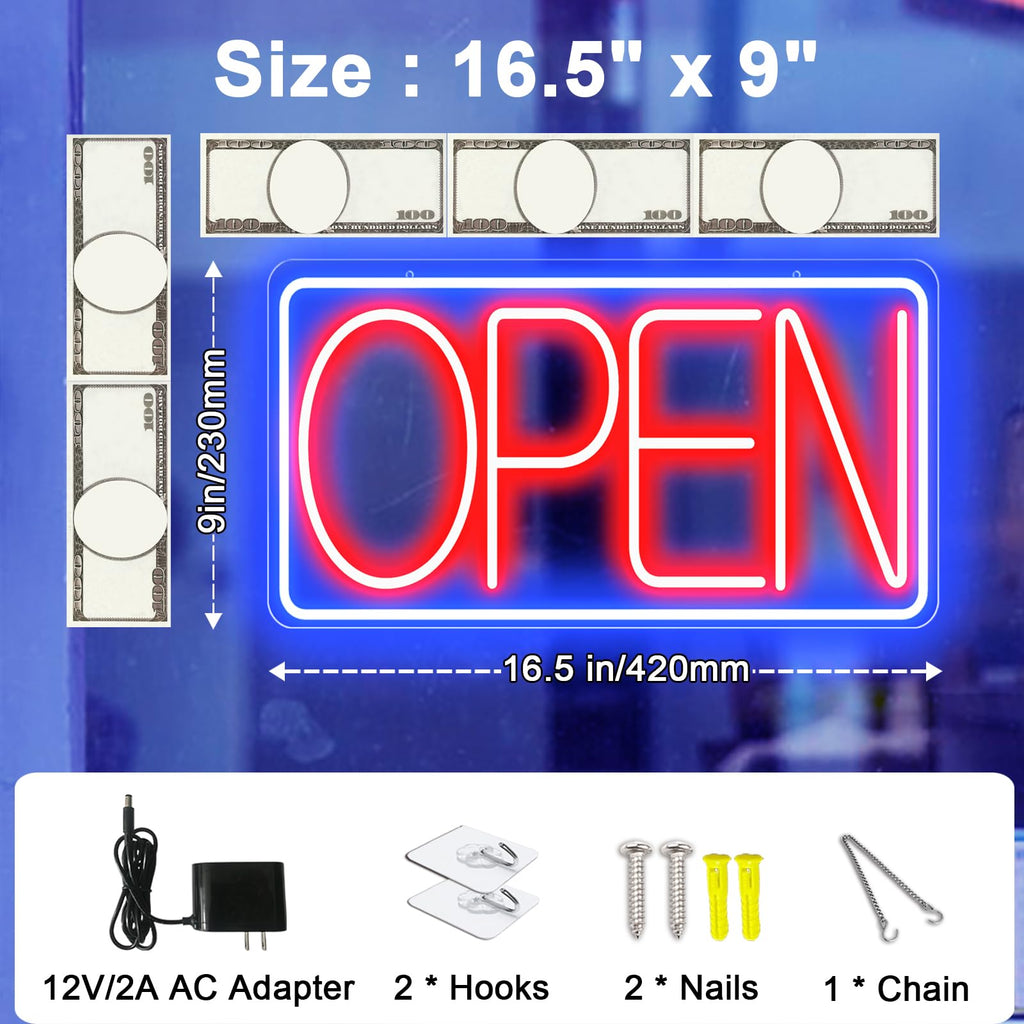16.5" X 9" Led Neon Open Signs for Business - 12V/2A Ultra Bright Led Neon Sign with ON/OFF Switch - Plug In Electric Light Up Sign for Bar, Salon, Coffee Stores, Club, Hotel (Horizontal)