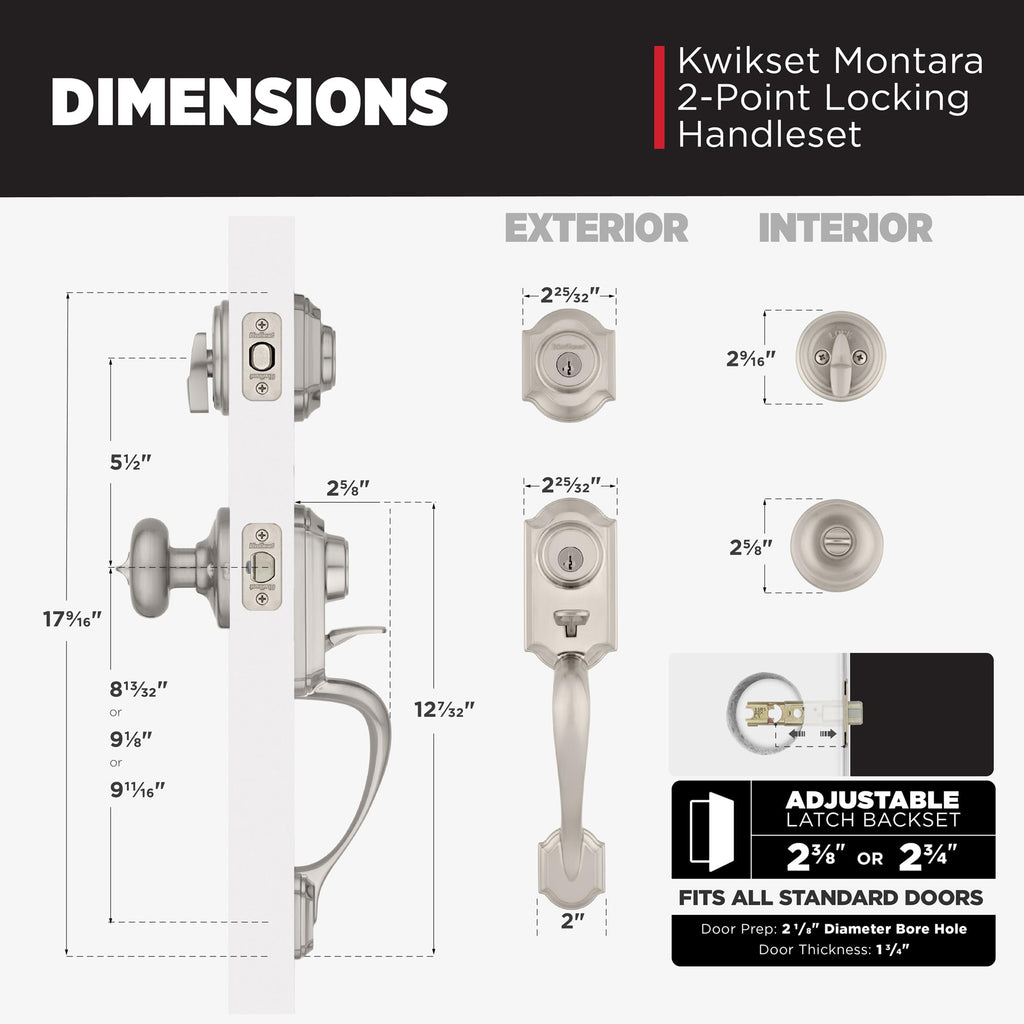 Kwikset Montara Front Door Lock Handle and Deadbolt Set, Entry Handleset Exterior with Interior Doorknob, Satin Nickel, Pick Resistant SmartKey Rekey Deadbolt Security, with Microban Protection