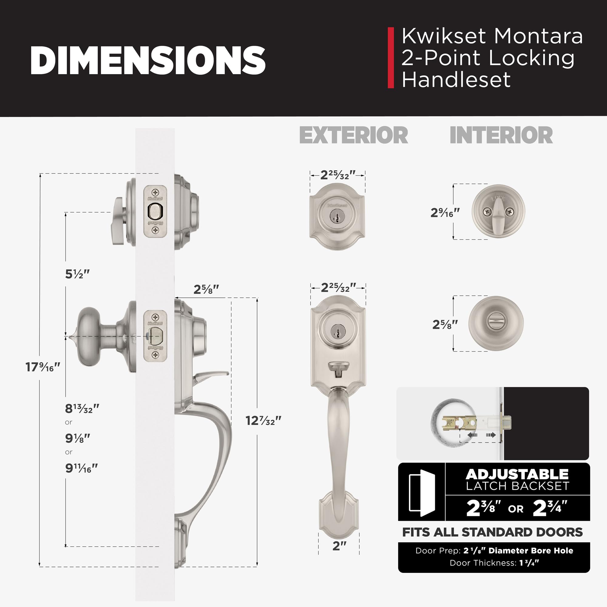 Kwikset Montara Front Door Lock Handle and Deadbolt Set, Entry Handleset Exterior with Interior Doorknob, Satin Nickel, Pick Resistant SmartKey Rekey Deadbolt Security, with Microban Protection