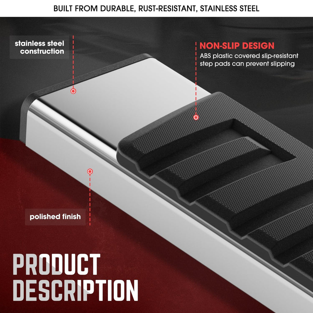 DNA Motoring 6.75" Wide Flat Running Boards Side Step Bars Compatible with 2011-2023 Ram 2500 3500 Crew Cab 4-Dr, Stainless Steel, Chrome/Black, STEPB-A-0029