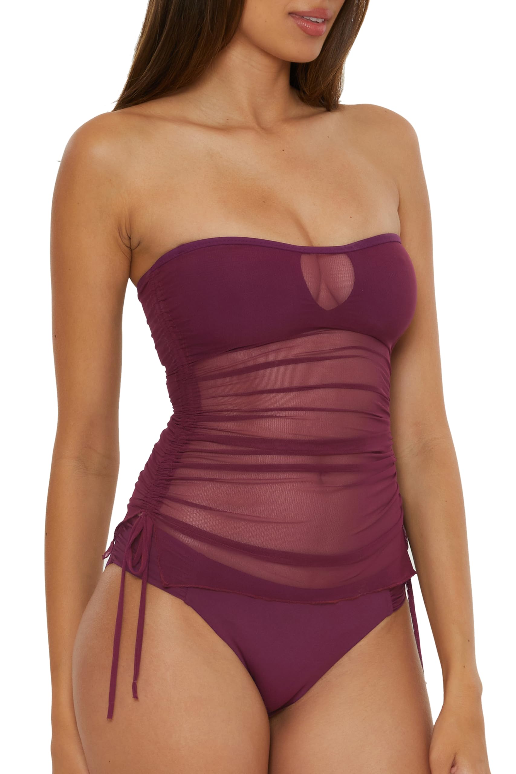 BECCA Muse - Women's Bandeau Tankini, Casual, Pull On, Sheer, Swimsuit Tops for Women, Aubergine, Medium