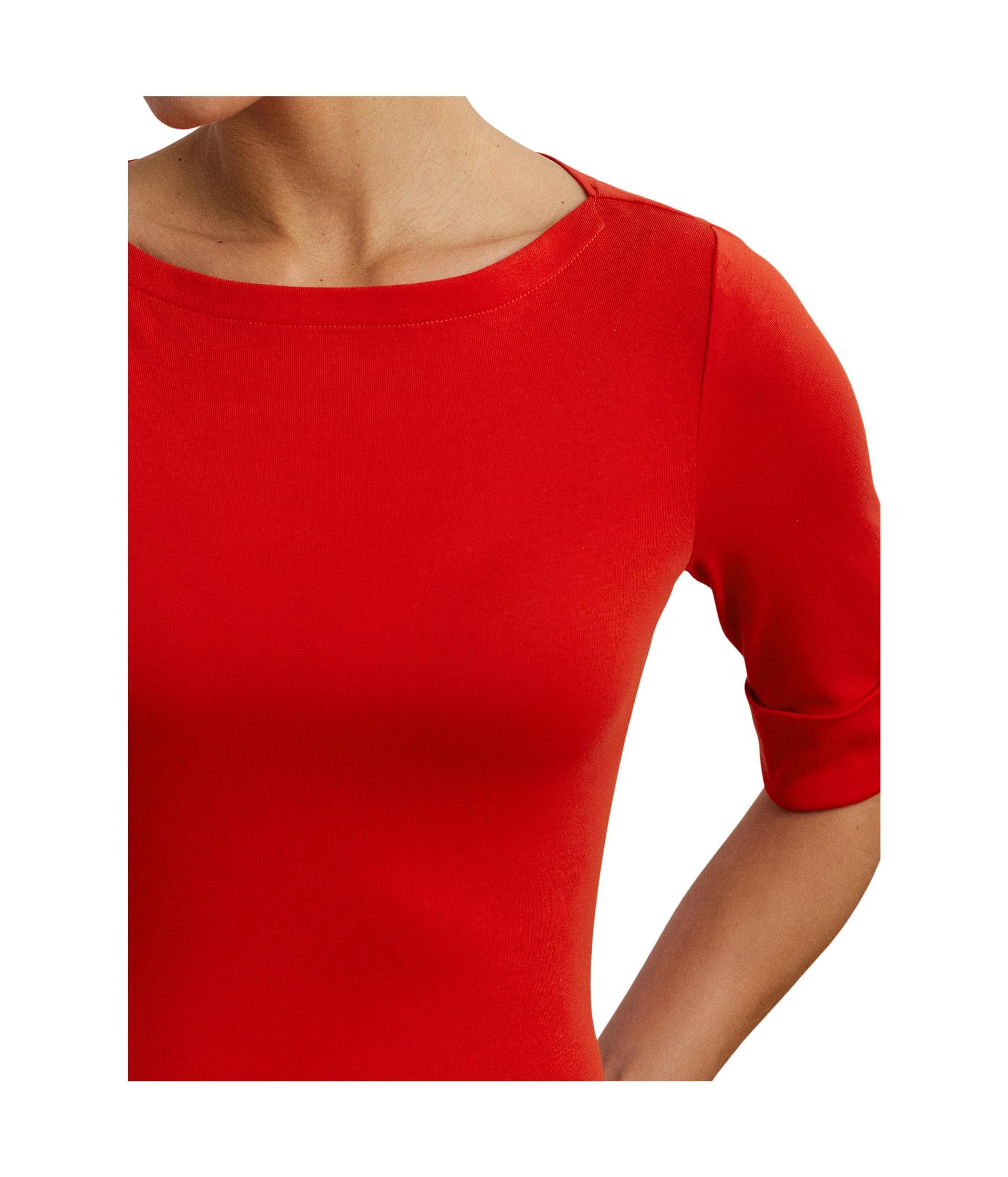 Lauren Ralph Lauren, Womens, Stretch Cotton Boatneck Tee, Bright Vermilion