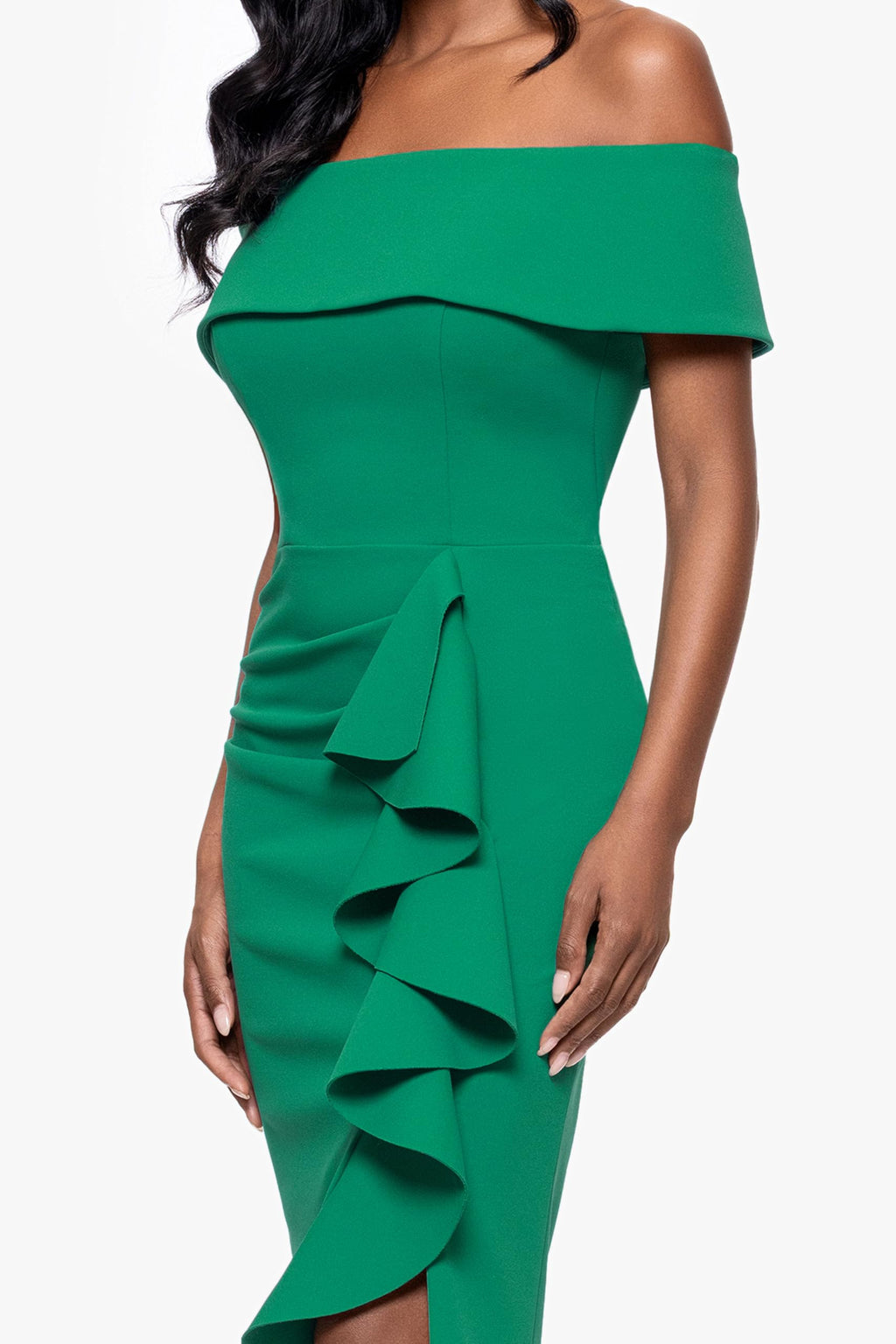 Betsy & Adam Women's Midi-Length, Off-the-Shoulder, Ruffled Detail, with Fitted Silhouette, Green, 12P