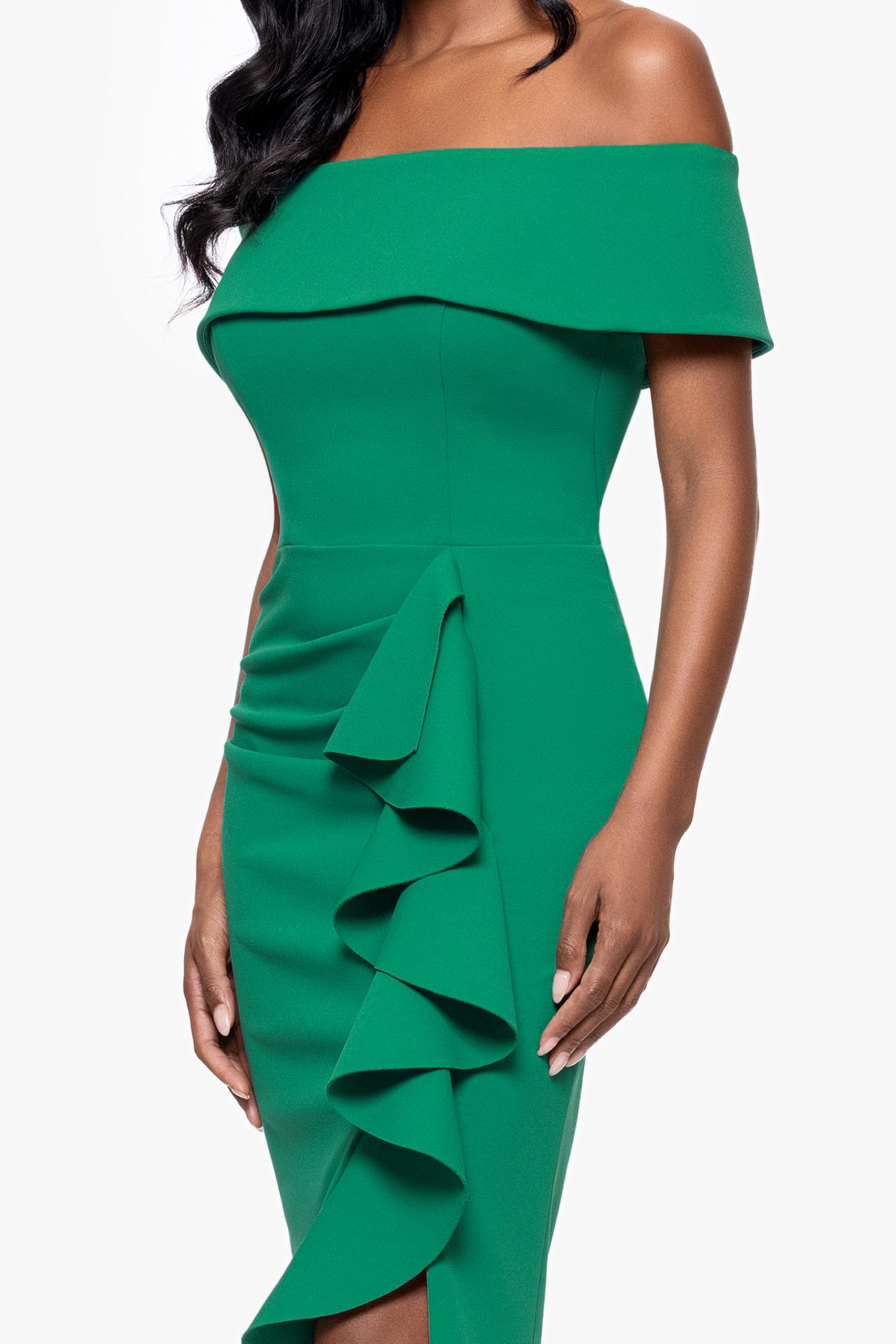 Betsy & Adam Women's Midi-Length, Off-the-Shoulder, Ruffled Detail, with Fitted Silhouette, Green, 12P