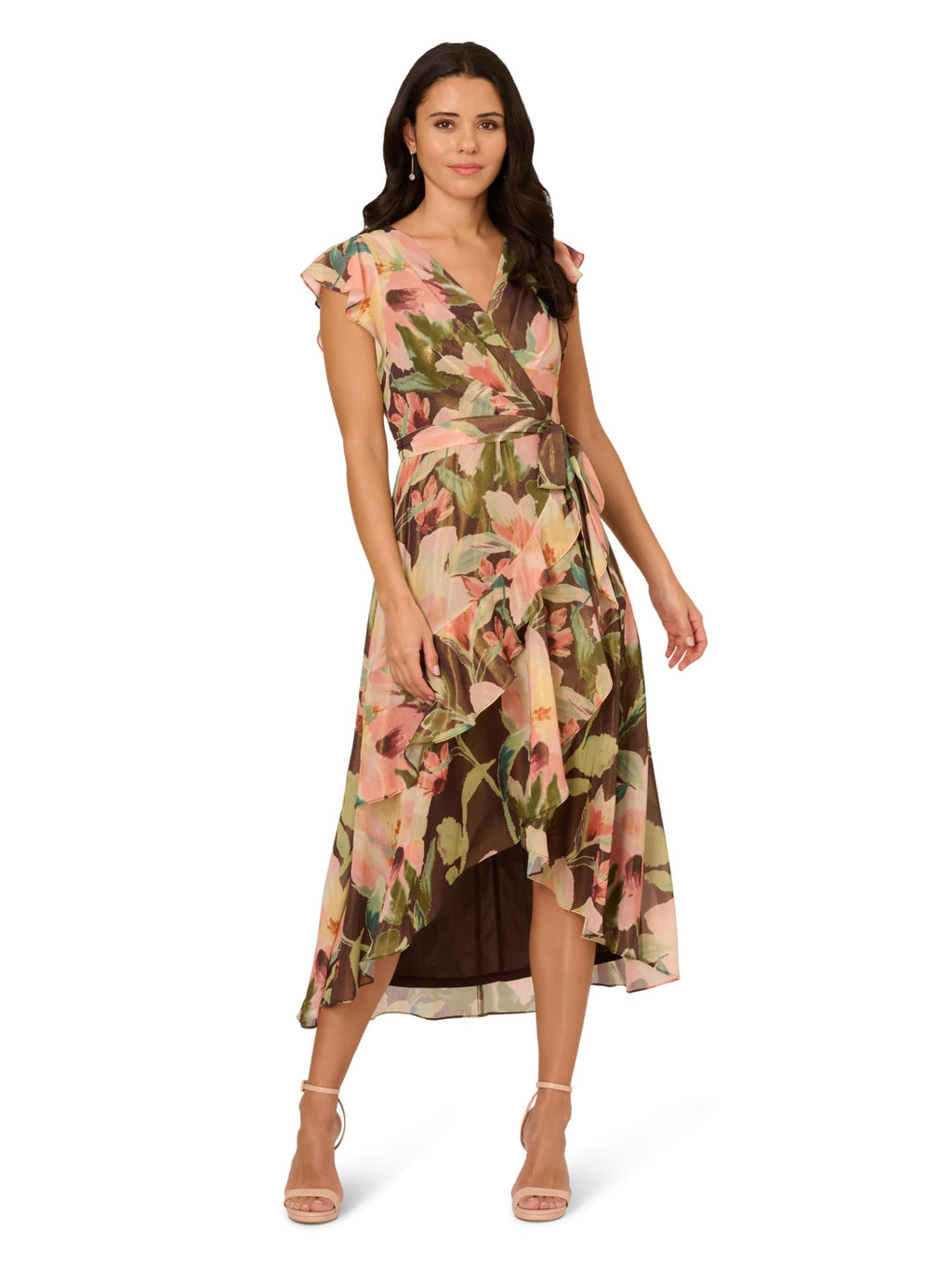 Adrianna Papell Women's Floral Hi Low Midi Dress, Brown Multi, 4