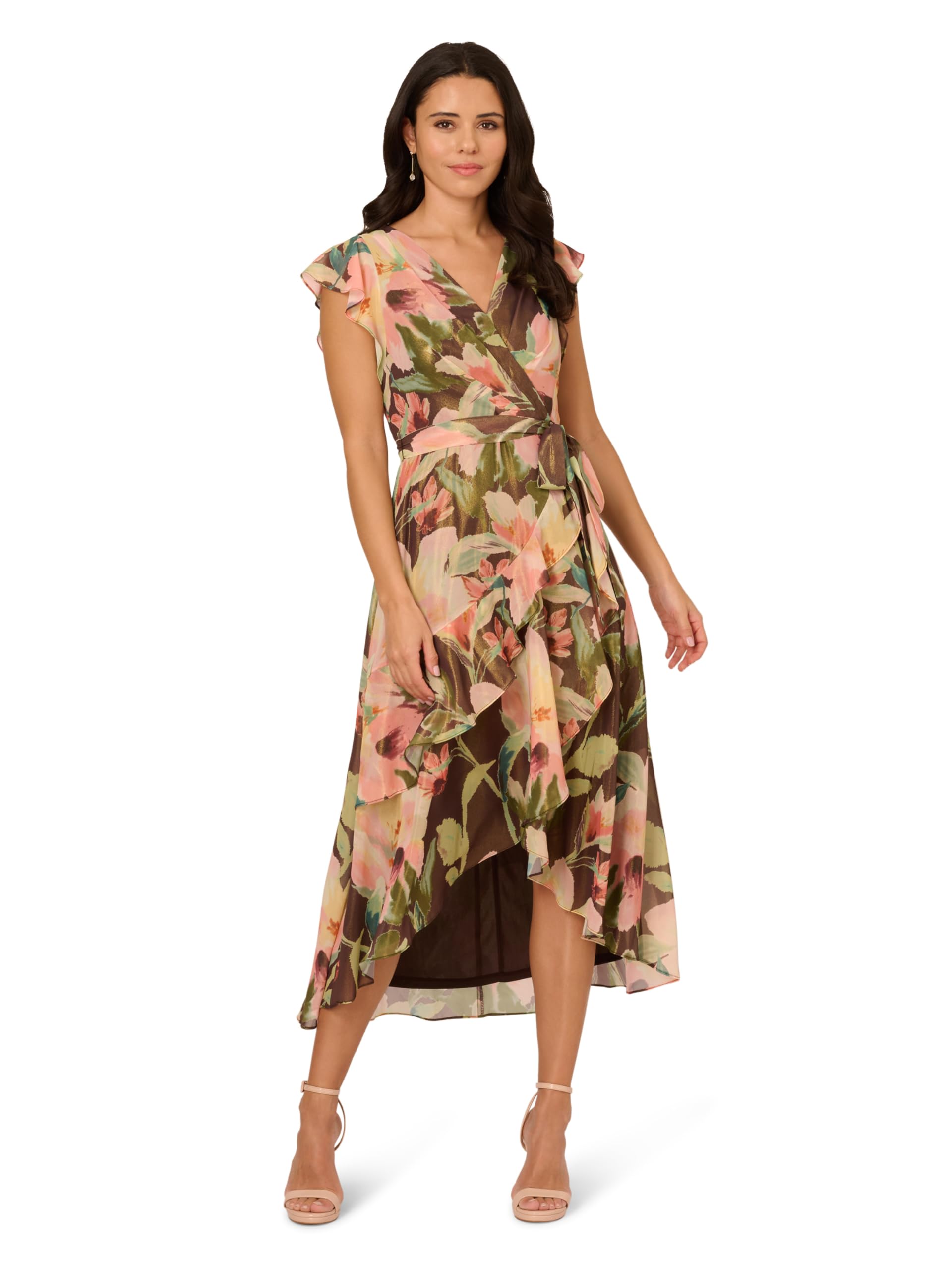 Adrianna Papell Women's Floral Hi Low Midi Dress, Brown Multi, 4