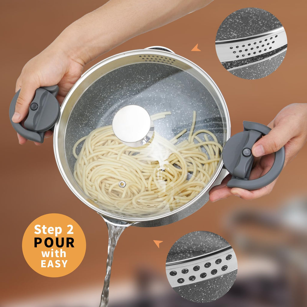 5QT Pasta Pot, Multipurpose with Strainer Lid, Twist and Lock Handles, Nonstick Ceramic Coating Spaghetti Pot for Effortless Cleanup with Tempered Glass Lid, Dishwasher Safe