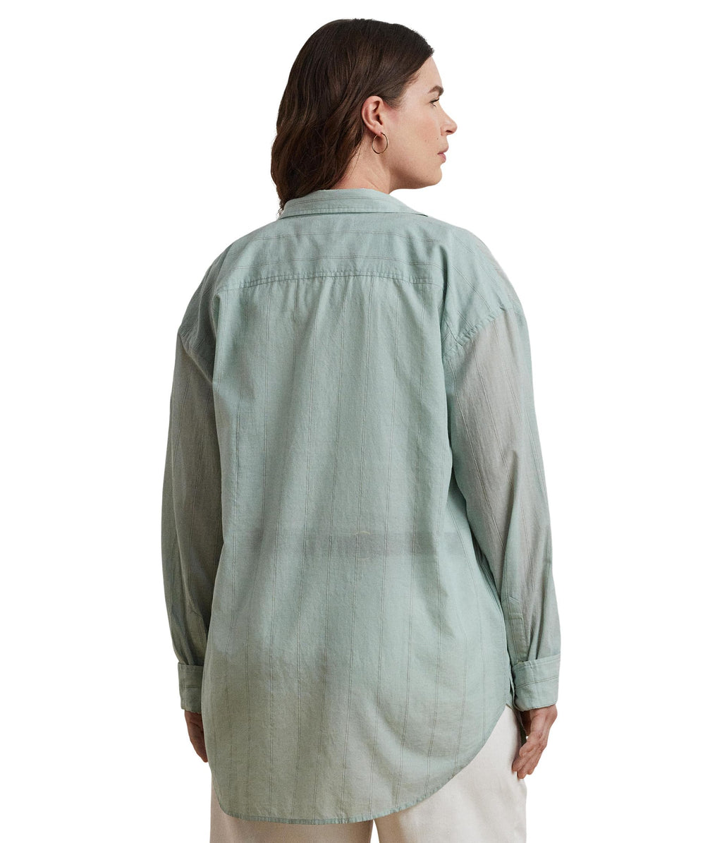 Lauren Ralph Lauren Women's Plus Size Oversize Striped Cotton Voile Shirt Washed Sage Multicolor 3X