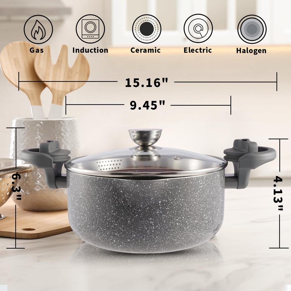 5QT Pasta Pot, Multipurpose with Strainer Lid, Twist and Lock Handles, Nonstick Ceramic Coating Spaghetti Pot for Effortless Cleanup with Tempered Glass Lid, Dishwasher Safe