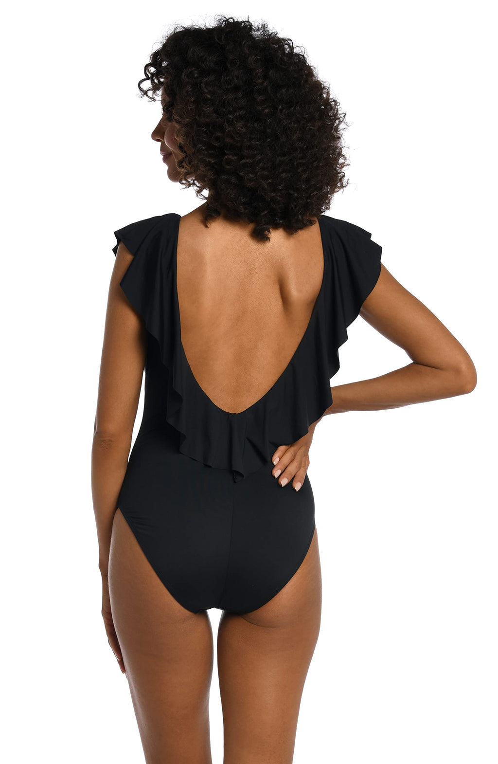 La Blanca Women's Island Goddess Over The Shoulder Ruffle Plunge One Piece, Black, 14